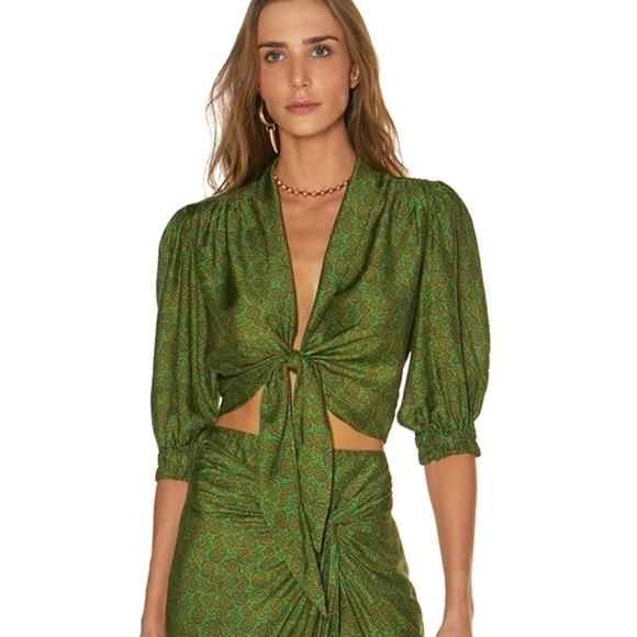 NWT ViX By Paula Hermany Namaste Mel Tie Crop Blouse in Green Multi, Size Large - Picture 1 of 10